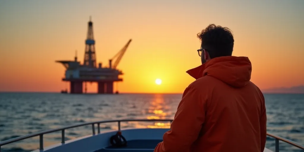 a man in an orange jacket standing on a boat looking at an oil rig in the ocean at sunset, Bascove,