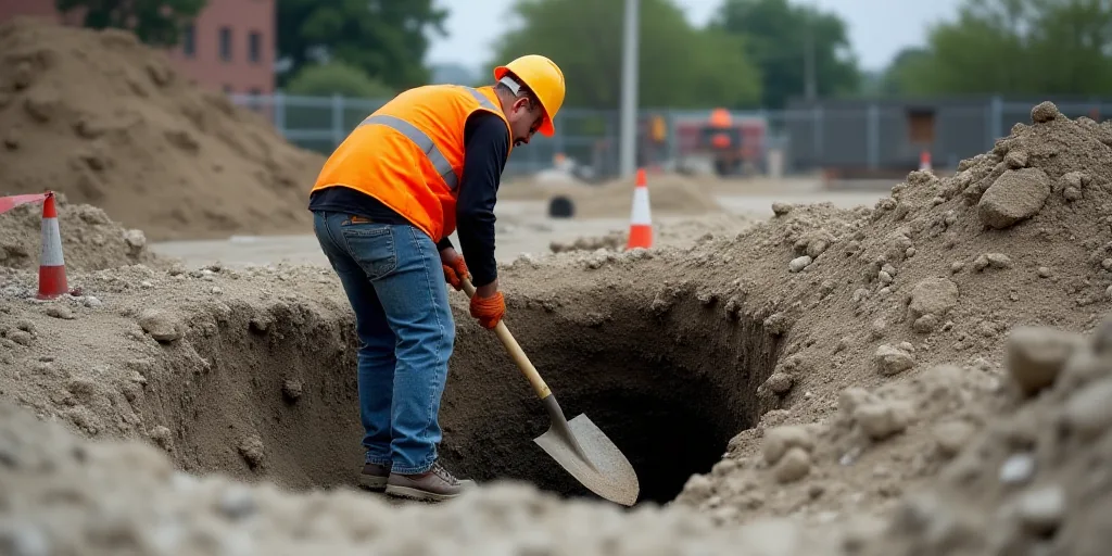 a man in an orange safety vest and helmet is using a shovel to dig through a hole in a construction