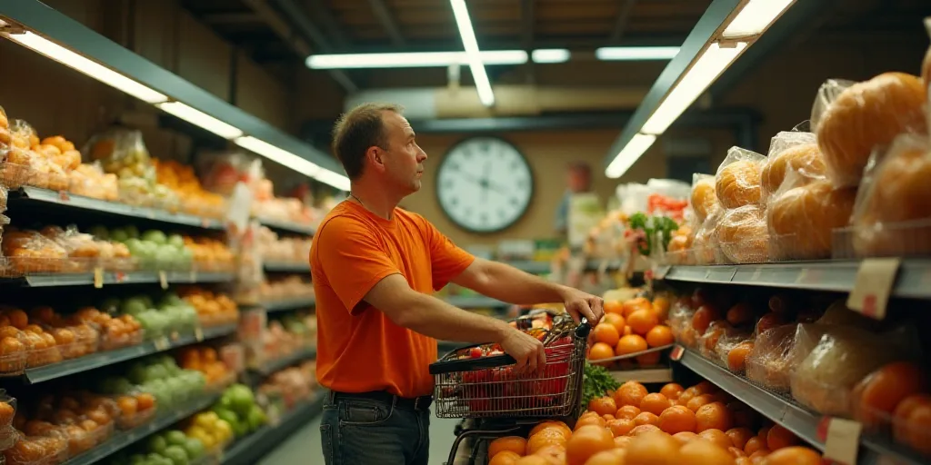 a man in an orange shirt is shopping in a grocery store with a clock on the wall above him, Elbridge