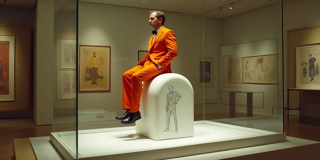 a man in an orange suit is on a white object in a museum display case with a drawing of a man on it,