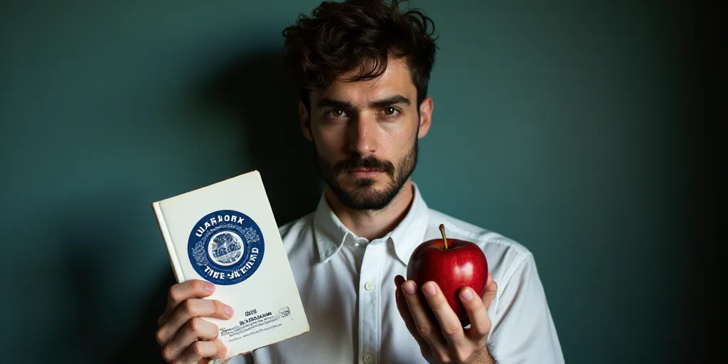 a man in white shirt holding an apple and a book with jumex logo on it and a blue sign, Aquirax Uno,