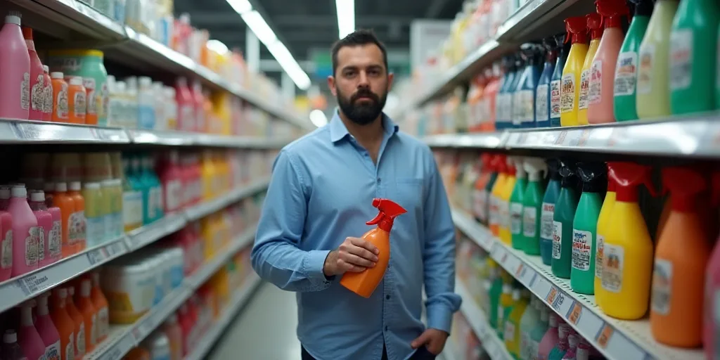 a man is holding a bottle and a sprayer in a store aisle of products on shelves of different colors,