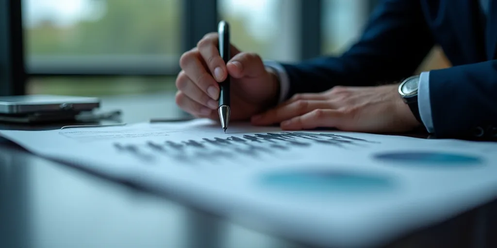 a man is looking at a piece of paper with a graphic of people on it and a pen in his hand, Avgust Č