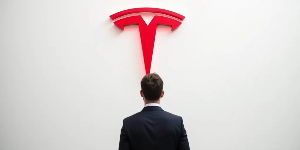 a man is looking at a red tesla logo on a white wall behind him is a red tesla logo, Bourgeois, ue 5