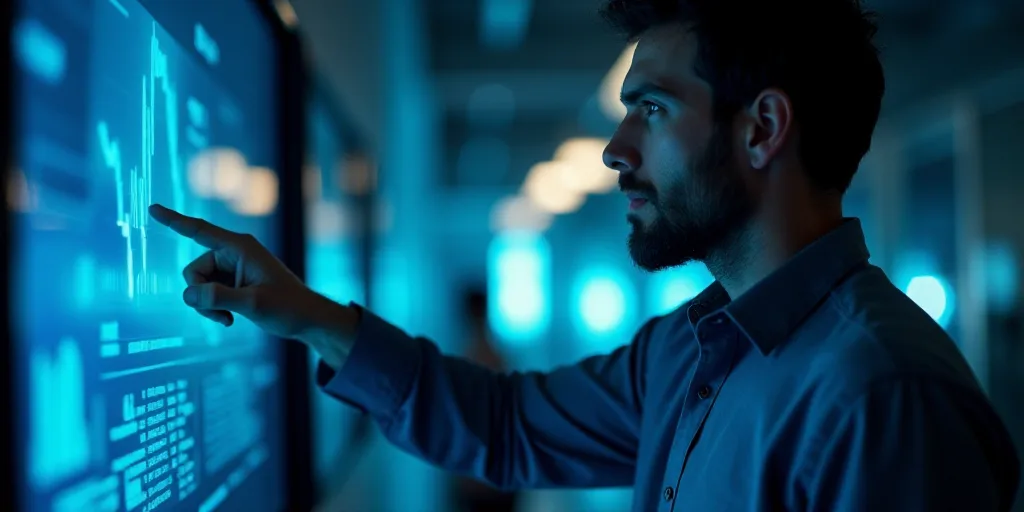 a man is pointing to a screen with a blue light in the background and a blurry image of a building,