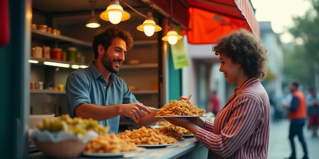 a man is serving food to a woman at a food stand outside a building with a canopy and colorful flags