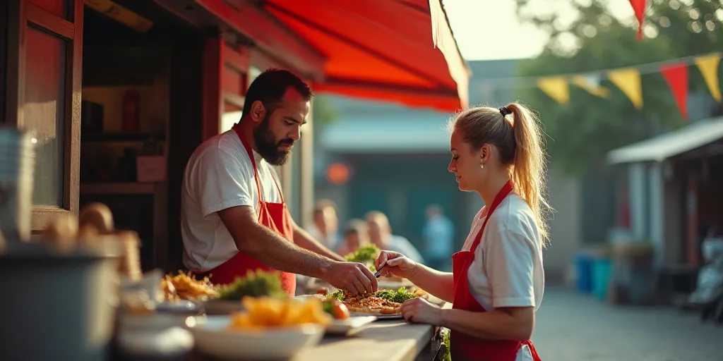 a man is serving food to a woman at a food stand outside a building with a canopy and colorful flags