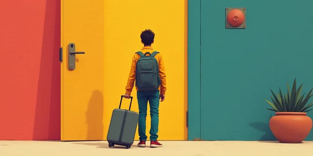 a man is standing in front of a door with a suitcase and a backpack on his shoulder and a backpack o