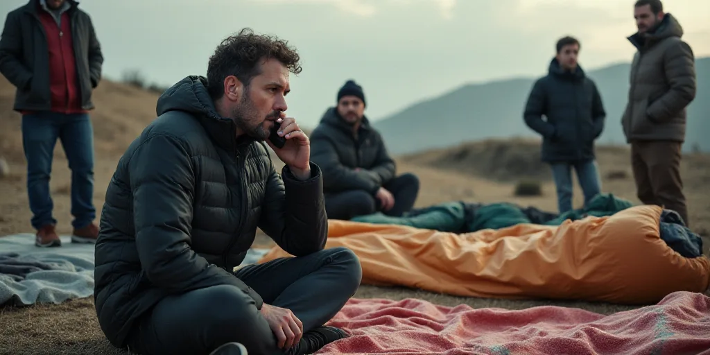 a man is talking on a cell phone while others sit in the background with sleeping bags and blankets
