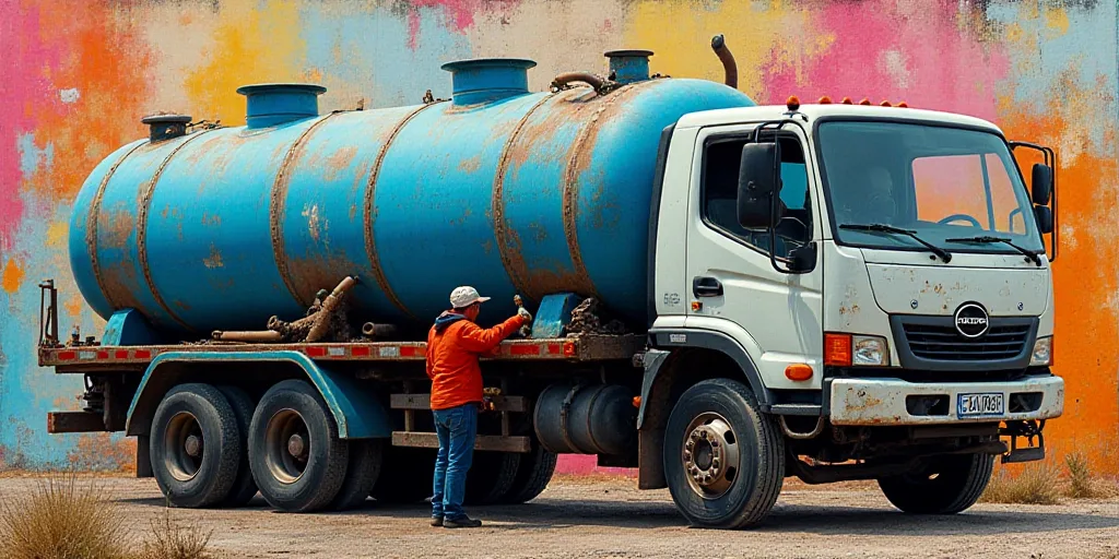 a man is working on a truck with blue gas cylinders and a hose attached to it's side, Ceferí Olivé