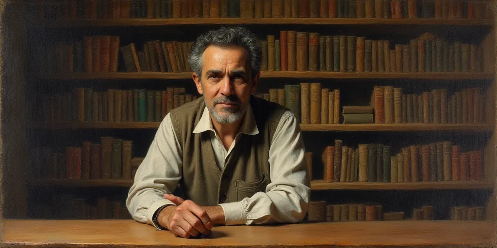 a man leaning on a wooden table in front of a book shelf filled with books and bookshelves, Emilio G