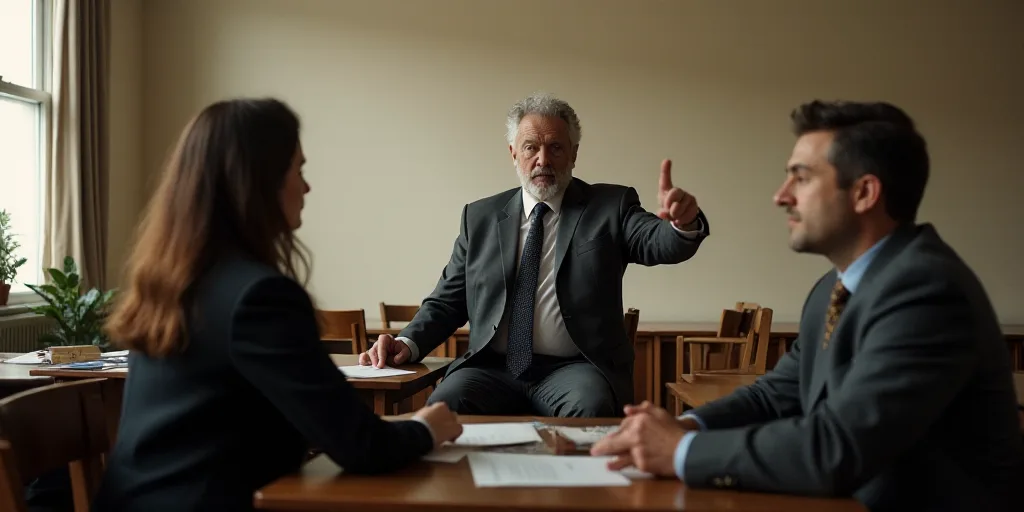 a man pointing at another man in a room with desks and chairs, and a woman in a chair, Andries Both,