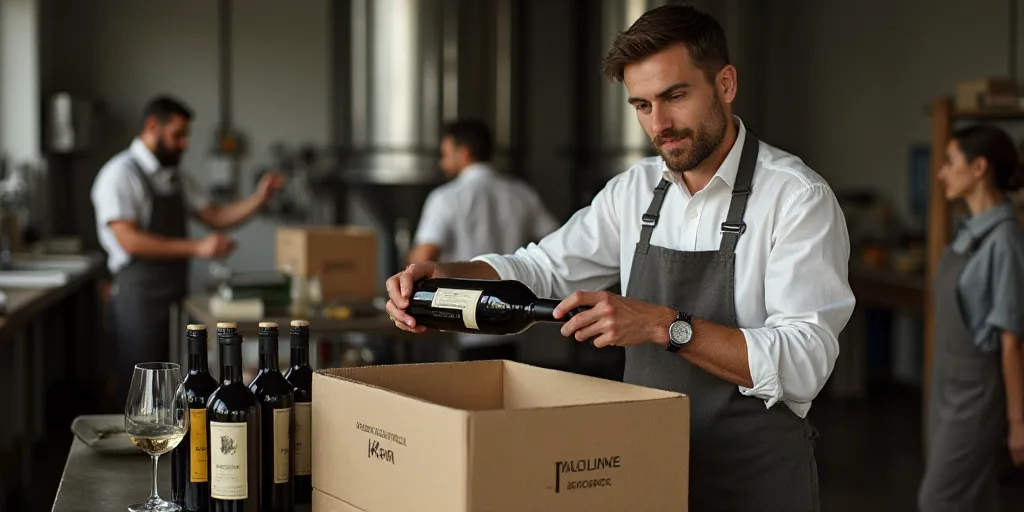 a man pouring a bottle of wine into a box at a factory with other people working behind him and a wo