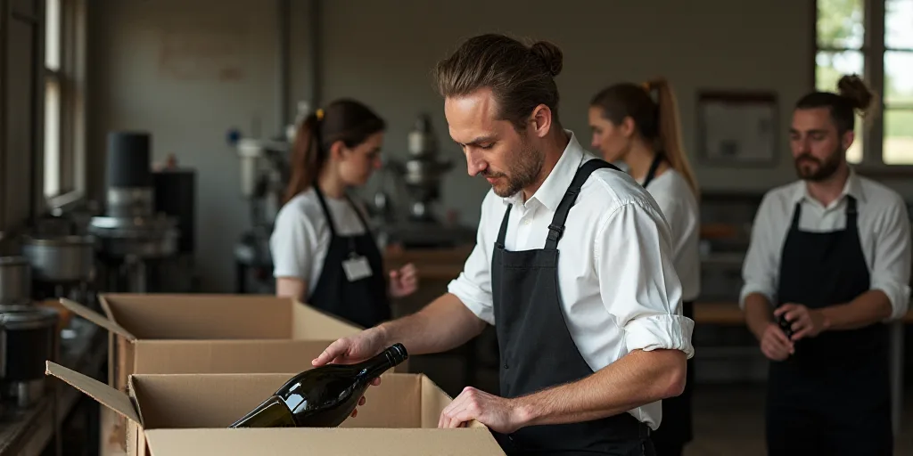 a man pouring a bottle of wine into a box at a factory with other people working behind him and a wo