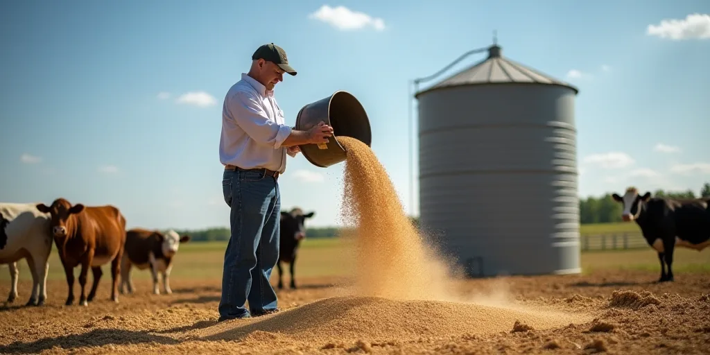 a man pouring a bucket of grain into a bin on a farm with cows in the background and a blue sky, Arl