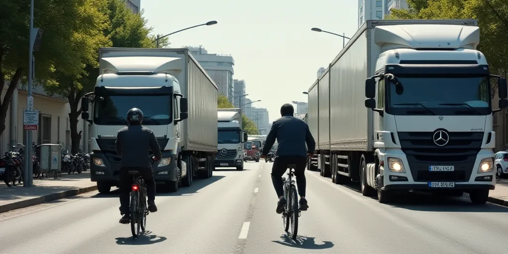 a man riding a bike down a street next to trucks and a motorcycle rider on a bike path in front of t