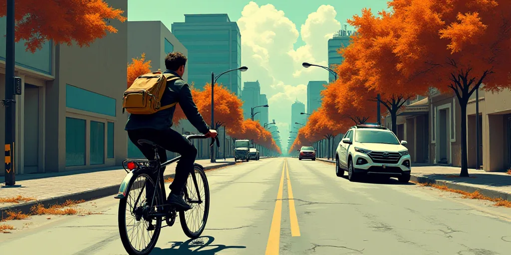a man riding a bike down a street with a backpack on it's back and a backpack on his back, Diego Riv
