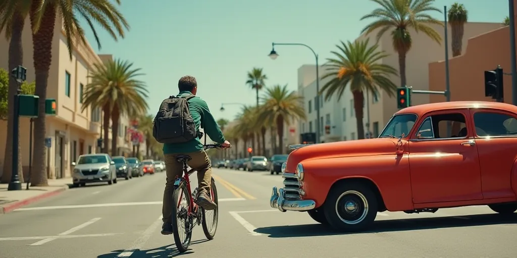 a man riding a bike down a street next to a red car and a traffic light with a backpack on it, Diego