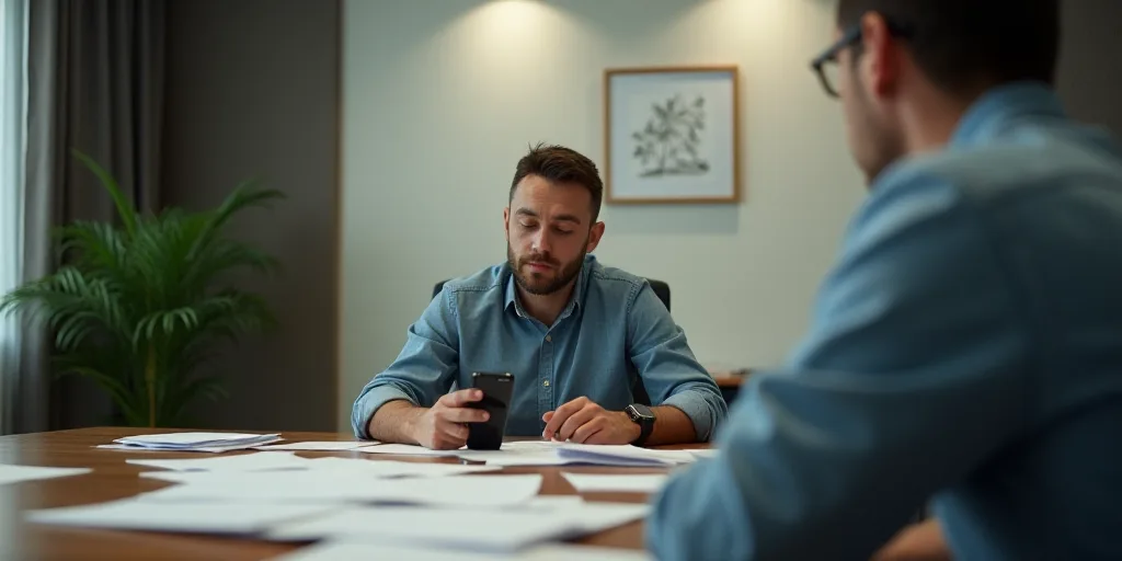 a man sitting at a desk with a lot of papers on it and a cell phone in his hand, Ceferí Olivé, mac
