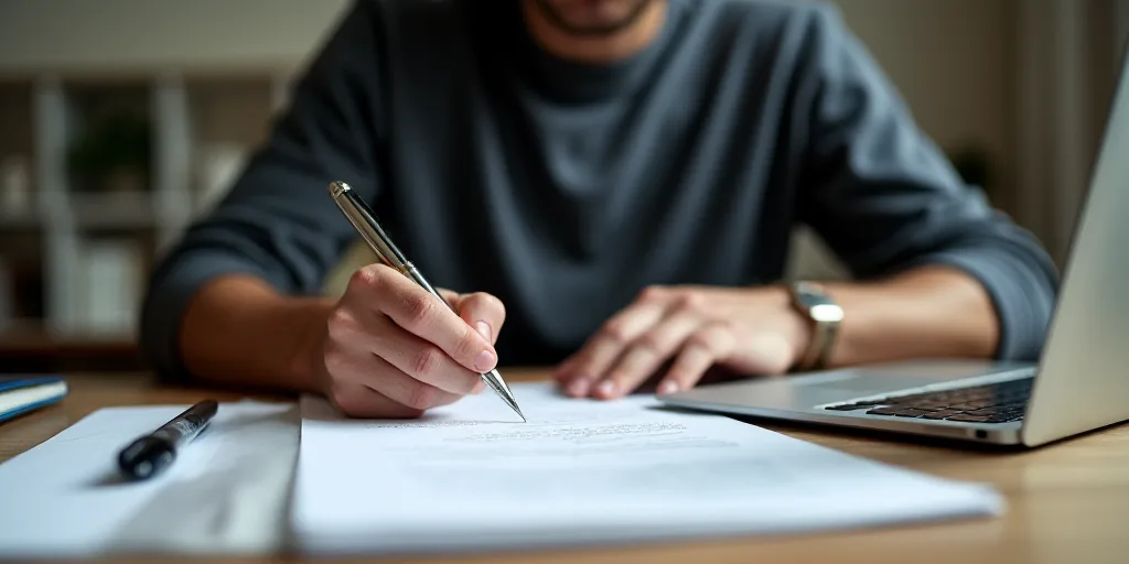 a man sitting at a desk with a laptop and a paper in front of him, writing on a piece of paper, Art