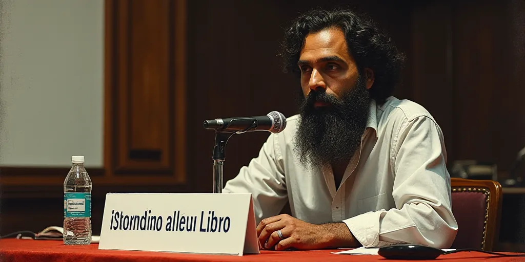 a man sitting at a table with a microphone in front of him and a sign behind him that says internati