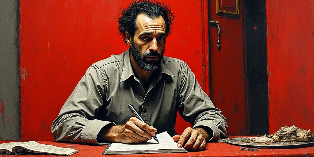 a man sitting at a table with a pen in his hand and a red object in the background with a red table