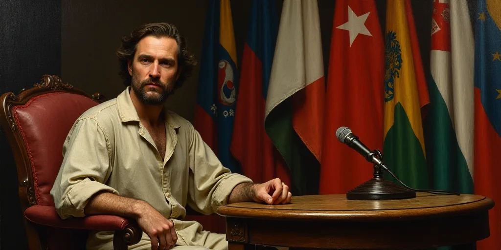 a man sitting in a chair in front of a microphone and flags of different countries behind him and a