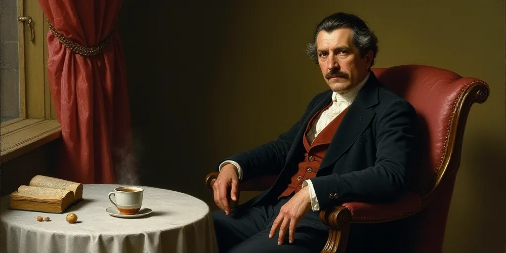 a man sitting in a chair next to a table with a book on it and a cup of coffee, Diego Velázquez, ig
