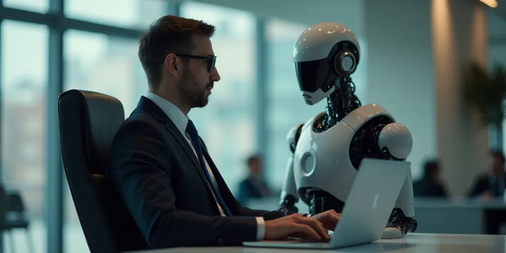 a man sitting in a chair with a laptop in front of him and a robot behind him, both of which are wea