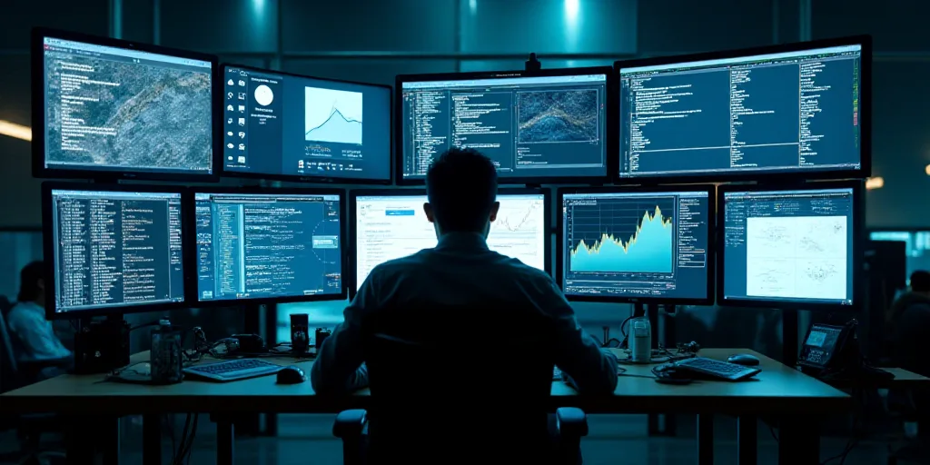 a man sitting in front of a computer monitor with multiple screens on it and a lot of other electron