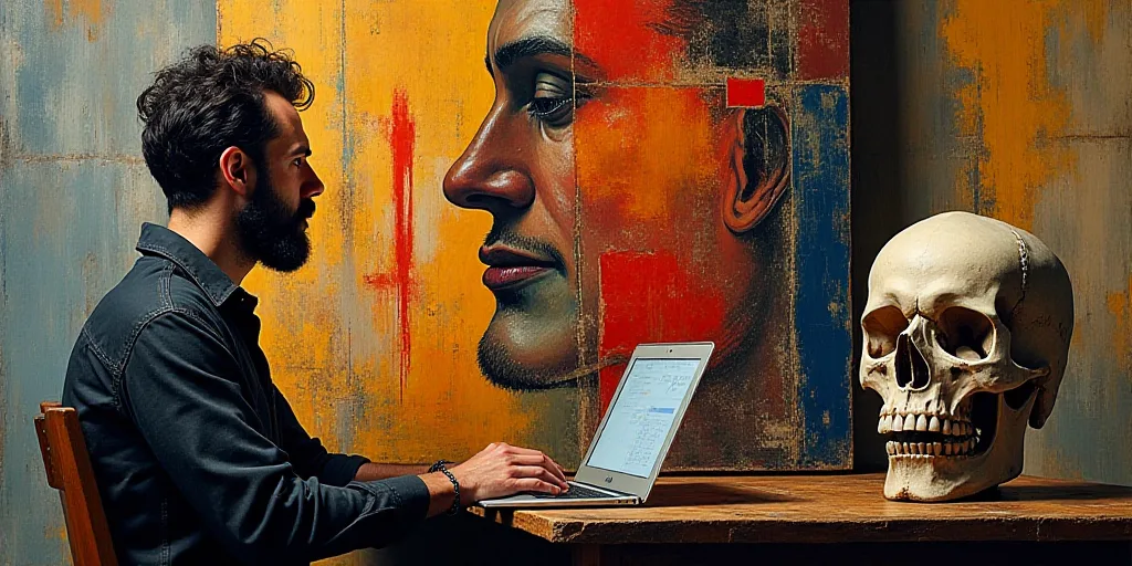 a man sitting in front of a painting of a human head and a skull on a table with a laptop, David Alf