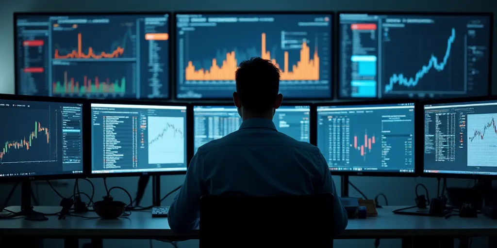 a man sitting in front of multiple computer monitors with screens on them and a chart on the wall be