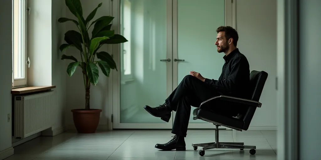 a man sitting on a chair in a room with a plant in the corner of the room and a glass door, Erwin Bo