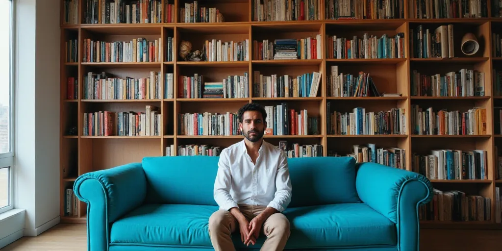 a man sitting on a couch in front of a book shelf with books on it and a blue couch, Federico Uribe,