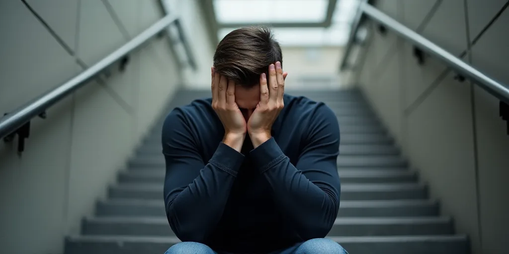 a man sitting on a set of stairs with his head in his hands and his hands behind his head, Andries S