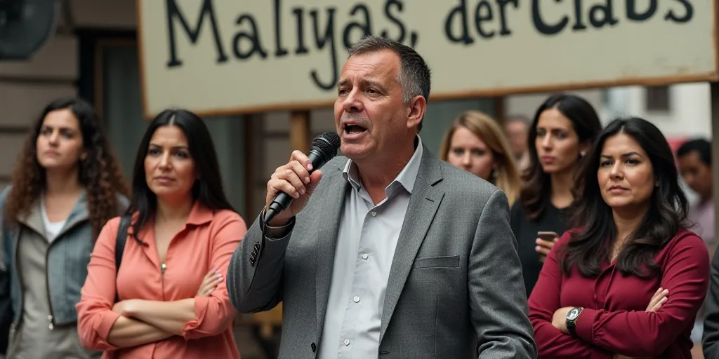 a man speaking into a microphone while standing next to a group of women in front of a sign that rea