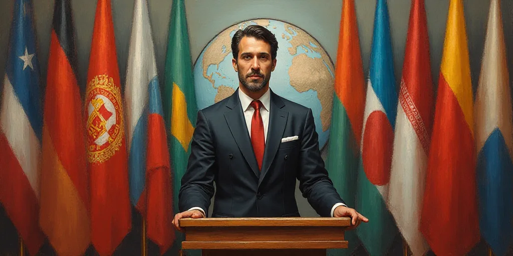 a man standing at a podium in front of flags of different countries and a flag of the world behind h