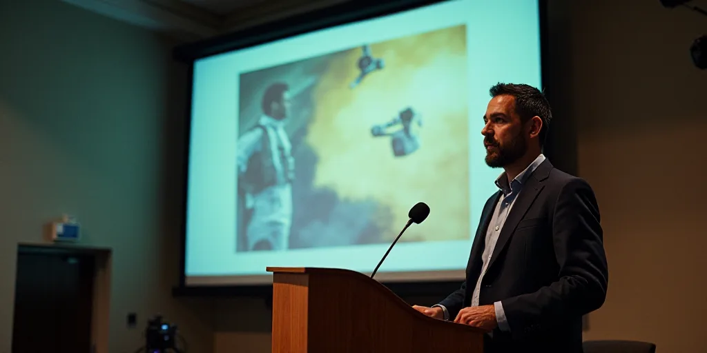 a man standing at a podium in front of a screen with a presentation on it and a microphone in front