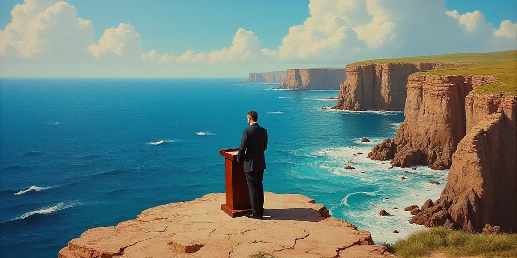 a man standing at a podium in front of a painting of a rocky landscape and a blue ocean behind him,