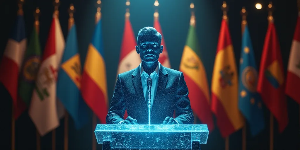 a man standing at a podium in front of flags and a microphone in front of him is a microphone in fro
