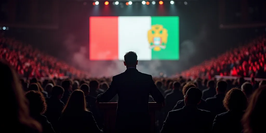 a man standing at a podium in front of a crowd of people in front of a screen with a flag, Ceferí O