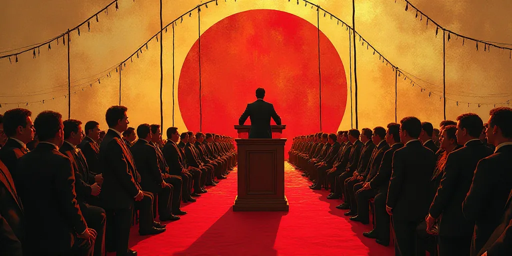a man standing at a podium in front of a crowd of people in a tented area with a red carpet, David A