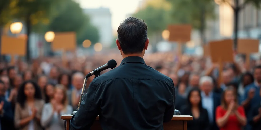 a man standing at a podium with a microphone in front of a crowd of people holding signs in front of