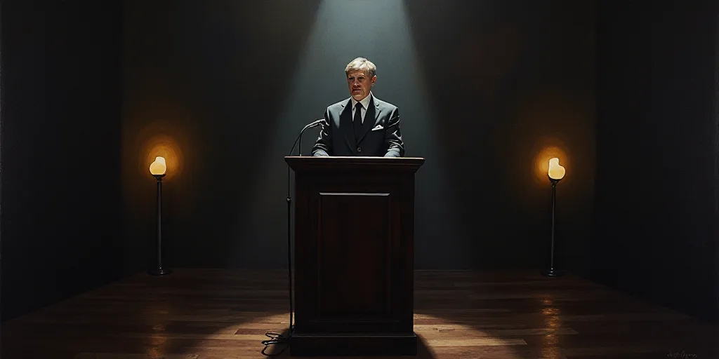 a man standing at a podium with a microphone in front of him and lights behind him on a dark stage,
