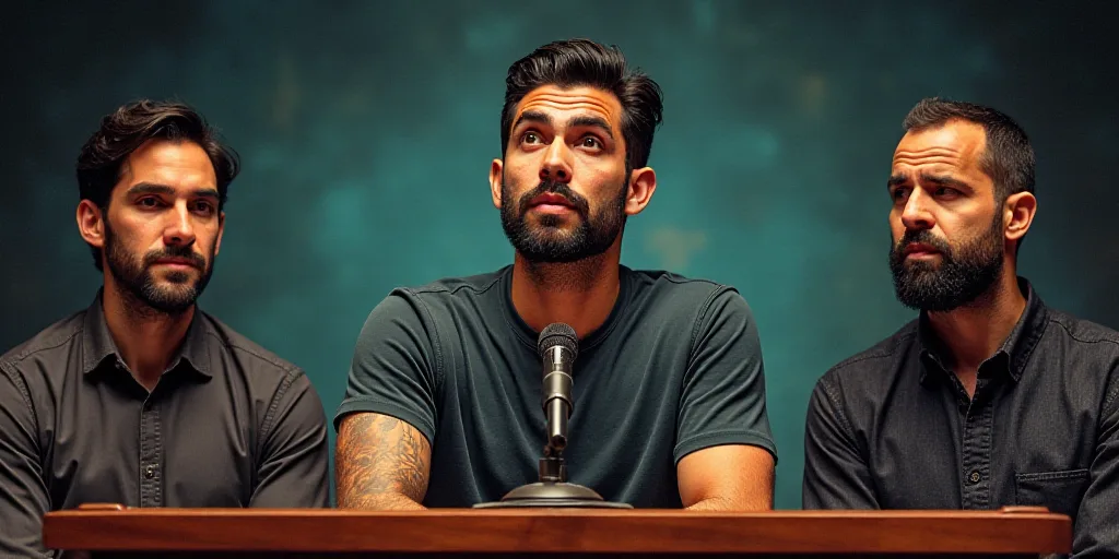 a man standing at a podium with a microphone in front of him and two other men standing behind him,