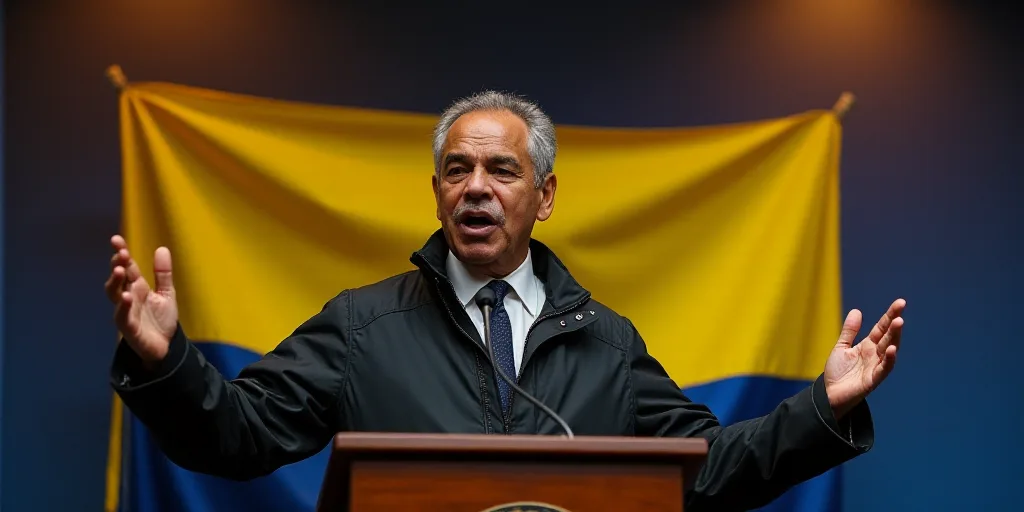 a man standing at a podium with his hands out in front of him and a flag behind him and a microphone