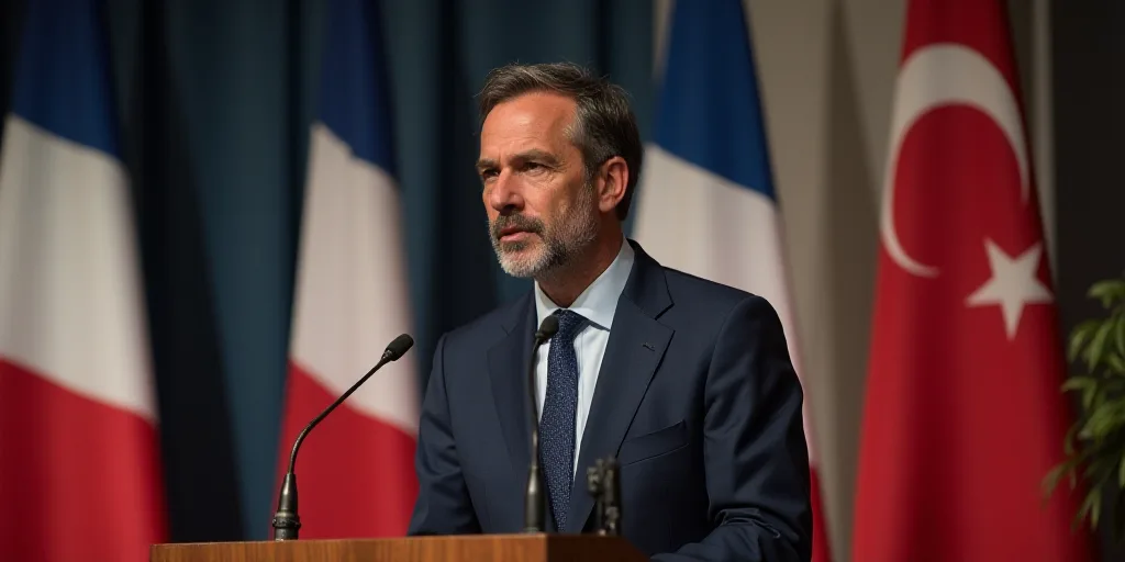 a man standing at a podium with a microphone in front of flags behind him and a microphone in front