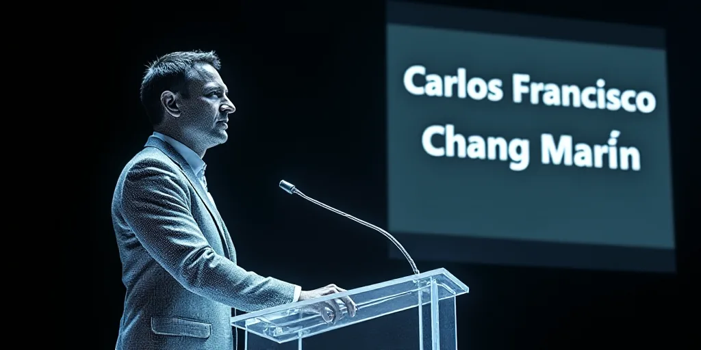 a man standing at a podium with a microphone in front of him and a sign behind him that says,, Carlo
