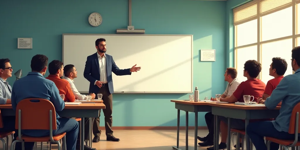 a man standing at a whiteboard giving a presentation to a group of people sitting at a table in a cl