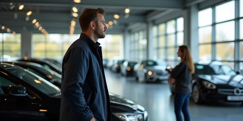 a man standing in a car showroom next to a bunch of cars in a garage with a woman looking at them, E